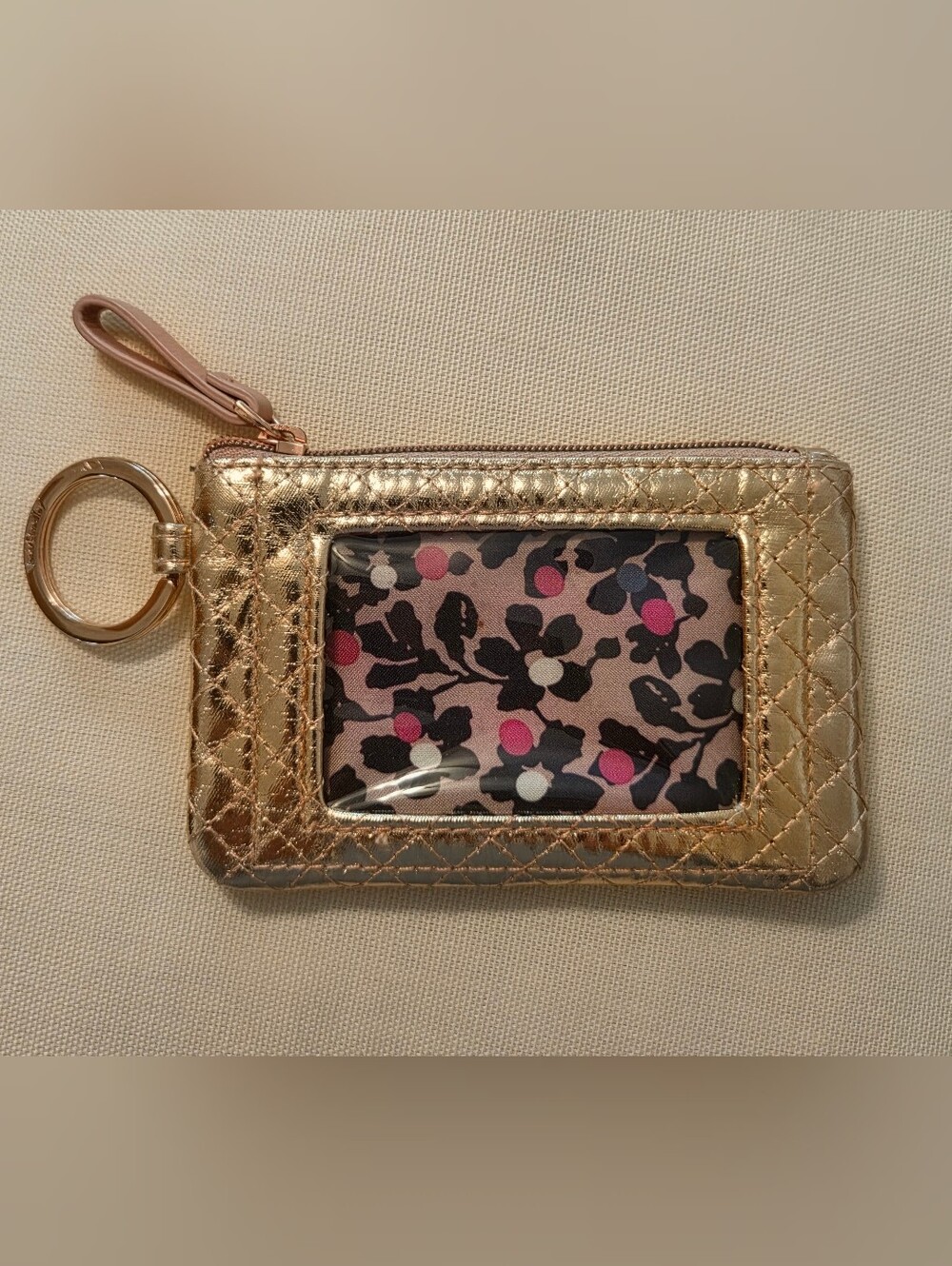 Vera Bradley Metallic Gold Quilted ID Card Holder with Floral Window